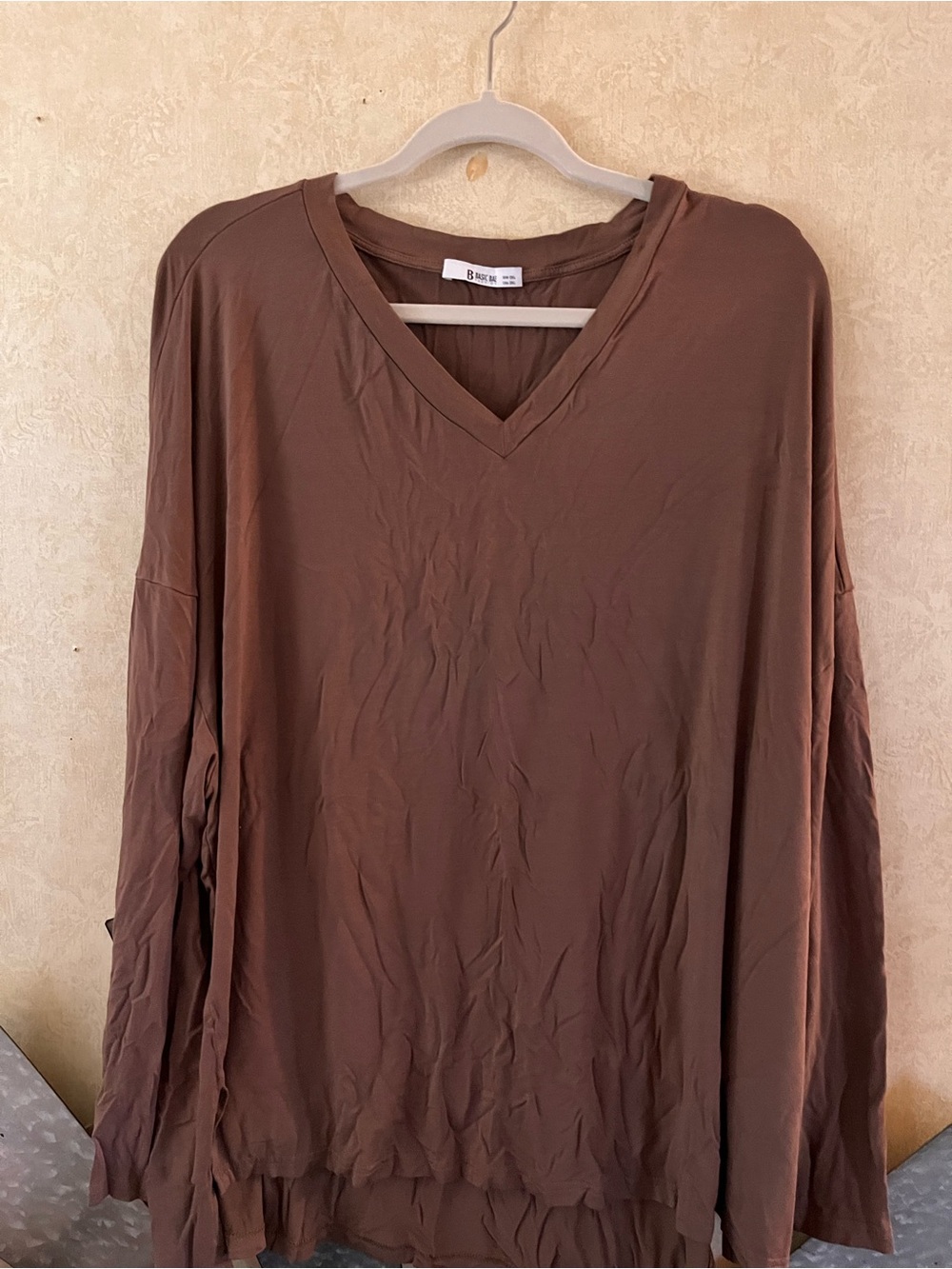 Relaxed V-Neck Long Sleeve Top and bottoms a set - Brown